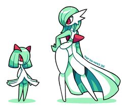  ambiguous_gender anthro clothed clothing duo gardevoir generation_3_pokemon green_hair hair hi_res kirlia nintendo partially_clothed pokemon pokemon_(species) signature simple_background thatguynamedjoe thick_thighs toony white_background wide_hips young 