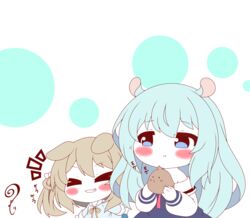  &gt;_&lt; 2girls :t absurdres animal_ears azur_lane blue_dress blue_eyes blue_hair blue_shirt blush brown_hair chibi closed_eyes closed_mouth commentary_request dog_ears dress eating grin hair_between_eyes hair_rings highres holding kindergarten_uniform kurukurumagical long_hair long_sleeves mikazuki_(azur_lane) multiple_girls nagatsuki_(azur_lane) neck_ribbon notice_lines off_shoulder puffy_long_sleeves puffy_sleeves ribbon ribbon-trimmed_sleeves ribbon_trim sailor_collar shirt sleeves_past_wrists smile translated upper_body v-shaped_eyebrows very_long_hair wavy_mouth white_background white_sailor_collar white_shirt yellow_ribbon 