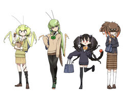  4girls arthropod_girl bag black_hair black_legwear brown_hair bug commentary_request eating evolvingmonkey extra_eyes food full_body grasshopper grasshopper_inoue green_hair highres kneehighs leggings long_skirt mantis_akiyama mantis_girl monster_girl multiple_girls original parasite plaid plaid_skirt praying_mantis red_eyes roasted_sweet_potato school_bag school_uniform scorpion scorpion_girl scorpion_tsuchida skirt sleeves_past_wrists socks spider spider_girl spider_itou standing standing_on_one_leg sweet_potato thighhighs white_background white_legwear worm zettai_ryouiki 