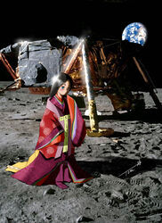  apollo_11 aqua_eyes black_hair blush chutohampa eagle_(spacecraft) earth_(planet) female footprints highres japanese_clothes kaguya_hime karaginu_mo kimono long_hair lunar_surface on_moon planet shadow signature solo standing taketori_monogatari very_long_sleeves wide_shot 