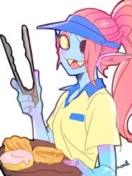  5_fingers blue_collar clothing collar dessert doughnut eye_patch eyewear female fin fingers fish food hair hi_res holding_object looking_at_viewer marine monster noaharbre pastry red_hair sharp_teeth shirt simple_background smile solo teeth tongs tools topwear tray undertale undertale_(series) undyne white_background yellow_clothing yellow_shirt yellow_topwear 