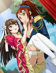  2girls bachou_mouki black_jacket blue_scrunchie bow breasts brown_eyes brown_hair carrying cleavage closed_mouth collarbone dress dutch_angle eye_contact hair_ornament hair_ribbon hair_scrunchie hairbow hairclip high_ponytail ikkitousen jacket large_breasts layered_dress lolita_fashion long_hair looking_at_another multiple_girls open_mouth pants princess_carry red_dress ribbon scrunchie short_dress small_breasts smile standing ten&#039;i_(ikkitousen) thighhighs very_long_hair white_bow white_pants white_ribbon white_thighhighs yuri 