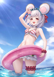  :d absurdres animal_ears arm_up bare_arms bare_shoulders bikini bikini_skirt blue-framed_eyewear blue_flower blue_sky bow breasts cleavage cloud commentary day eyewear_lift female flower granblue_fantasy hair_flower hair_ornament hairbow highres holding horizon innertube lifting_own_clothes looking_at_viewer mouse_ears ocean open_mouth outdoors pink_flower red_bow red_eyes red_scrunchie scrunchie sky small_breasts smile solo standing star-shaped_eyewear star_(symbol) striped_bikini striped_clothes sun sunglasses sunlight swim_ring swimsuit transparent vikala_(blooming_summer_wallflower)_(granblue_fantasy) vikala_(granblue_fantasy) wading water white_hair wrist_scrunchie ym_(distance819) 