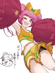  13-gou armpits collarbone double_bun female hair_bun hojo_sophy long_hair looking_at_viewer nabeshima_chanko navel one_eye_closed open_mouth pink_hair pom_pom_(cheerleading) pretty_series pripara simple_background skirt smile solo star_(symbol) twintails white_background 