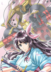  amamiya_sakura blue_eyes bow brown_hair female hairbow highres holding holding_sword holding_weapon katana long_hair looking_at_viewer mecha mugen_(sakura_taisen) one-eyed pink_bow red_eyes robot sakura_taisen sheath shin_sakura_taisen sword unsheathing v-shaped_eyebrows watasi weapon 