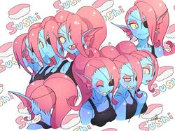  black_clothing black_shirt black_topwear blush clothing eye_patch eyewear female fin fish hair hi_res looking_at_viewer marine monster noaharbre rear_view red_hair sharp_teeth shirt smile solo tank_top teeth topwear undertale undertale_(series) undyne 