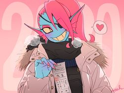  5_fingers blush clothing coat eye_patch eyewear female fin fingers fish hair hair_over_eye heart_reaction heart_symbol hi_res holding_object jacket looking_at_viewer marine monster noaharbre one_eye_obstructed pictographics ponytail red_hair smile solo teeth topwear undertale undertale_(series) undyne 