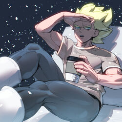  1boy alternate_costume bara blonde_hair bodysuit commentary_request covering_own_eyes cup disposable_cup dragon_ball dragon_ball_z foreshortening frown highres looking_to_the_side male_focus muscular muscular_male pectorals receding_hairline shirt short_hair sideburns snowing solo spiked_hair super_saiyan supobi t-shirt thick_eyebrows thick_thighs thighs vegeta 