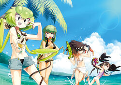  4girls absurdres arthropod_girl beach bikini bug camouflage camouflage_bikini commentary_request day eating evolvingmonkey extra_eyes food grasshopper grasshopper_inoue green_hair highres ice_cream mantis_akiyama mantis_girl monster_girl multiple_girls original outdoors palm_tree parasite personification popsicle praying_mantis sarong scorpion scorpion_girl scorpion_tsuchida sharp_teeth short_shorts shorts sky spider_girl spider_itou splashing swimsuit teeth tree water_gun watermelon_bar worm 