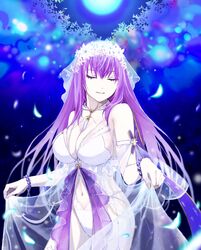  bead_bracelet beads bikini bracelet breasts brooch casual_one-piece_swimsuit cleavage closed_eyes fate/grand_order fate_(series) female flower forest hair_flower hair_ornament heart heart_brooch highres jewelry kino_kokko large_breasts moon nature night one-piece_swimsuit outdoors purple_hair revision scathach_(fate) scathach_skadi_(fate) scathach_skadi_(swimsuit_ruler)_(fate) scathach_skadi_(swimsuit_ruler)_(third_ascension)_(fate) skirt_hold smile solo swimsuit tree underwater veil white_bikini white_flower white_one-piece_swimsuit 