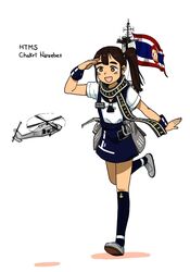  aircraft anchor anyan_(jooho) black_neckwear black_scarf black_socks blue_skirt blush_stickers brown_eyes brown_hair character_name commentary_request female flag full_body grey_footwear helicopter highres htms_chakri_naruebet_(cvh-911) kneehighs korean_commentary mecha_musume medium_skirt name_tag one_side_up original overalls royal_thai_navy running salute scarf shirt shoes short_sleeves simple_background skirt socks solo thai_flag uh-60_blackhawk white_background white_shirt wrist_cuffs 