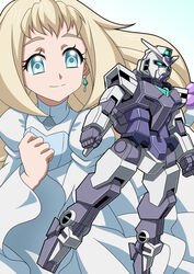  aqua_eyes blonde_hair blue_eyes clenched_hands core_gundam dress earrings eve_(gundam_build_divers_re:rise) female floating gundam gundam_build_divers gundam_build_divers_re:rise gunpla highres jewelry mecha model_kit robot science_fiction smile v-fin watasi white_dress 