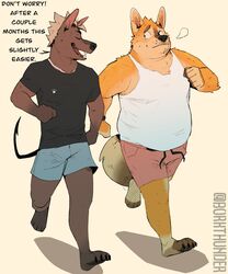  2023 anthro borkthunder bottomwear brown_body brown_fur canid canine canis clothing dialogue domestic_dog duo english_text fur hair hairless hairless_dog hi_res kevin_acosta male mammal manu_(borkthunder) overweight overweight_anthro overweight_male playing_sport primitive_dog running shirt shorts simple_background sport sportswear tail tan_body tan_fur text topwear xoloitzcuintli yellow_body yellow_fur 