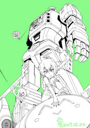  1boy absurdres commentary female green_background green_theme highres leopardon line_art looking_at_viewer looking_down marvel mecha monochrome peni_parker robot science_fiction sp//dr spider-ham spider-man:_into_the_spider-verse spider-man_(series) spider-man_(toei) spider-verse spot_color tatsuta_shin&#039;ichi v-fin 