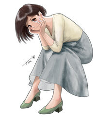  brown_eyes brown_hair chutohampa female full_body green_footwear hands_up highres invisible_chair long_skirt long_sleeves looking_at_viewer original shirt short_hair signature simple_background sitting skirt smile solo striped_clothes striped_skirt white_background white_shirt 