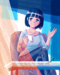  black_hair blunt_bangs blush chair chutohampa crossed_legs cup feet_out_of_frame female grey_eyes grey_shirt highres holding holding_cup long_sleeves original shirt short_hair signature smile solo 