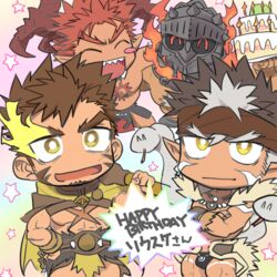  4boys abs bara blush brown_hair cake chest_harness chest_tattoo chibi chibi_only cross_scar curled_horns dark-skinned_male dark_skin demon_boy demon_horns facial_hair flaming_eye food goatee happy_birthday harness headband helmet heracles_(housamo) horns ifrit_(housamo) long_sideburns looking_at_viewer male_focus multicolored_hair multiple_boys muscular muscular_male nikism pectorals pointy_ears red_hair scar sideburns spiked_hair standing surtr_(housamo) tangaroa_(housamo) tattoo tokyo_afterschool_summoners two-tone_hair upper_body white_hair yellow_eyes 