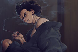  1boy alternate_hairstyle bara bare_pectorals black_kimono commentary_request dark_room dragon_ball dragon_ball_z fabulous feet_out_of_frame flaring hair_bun hand_up head_tilt highres holding holding_smoking_pipe japanese_clothes kimono limp_wrist lips looking_to_the_side male_focus muscular muscular_male naked_kimono off_shoulder open_mouth pectorals receding_hairline short_hair sideburns sitting smoke smoking smoking_pipe solo spiked_hair supobi thick_eyebrows turning_head vegeta 