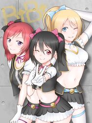  3girls ayase_eli bad_id bad_pixiv_id bibi_(love_live!) black_hair blonde_hair blue_eyes blue_ribbon blush bow breasts cleavage closed_mouth commentary contrapposto elbow_gloves english_commentary flower gloves groin hair_flower hair_ornament hand_in_own_hair hand_on_own_leg highres kuraka long_hair love_live! love_live!_school_idol_project medium_breasts midriff multiple_girls navel neck_ribbon nishikino_maki one_eye_closed pink_bow ponytail purple_eyes purple_ribbon red_eyes red_hair ribbon short_hair short_twintails smile thighhighs thighs twintails v white_gloves yazawa_nico 