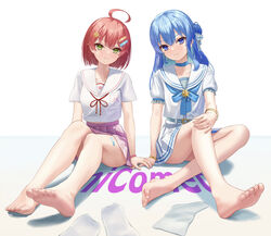  2girls absurdres ahoge alternate_hair_length alternate_hairstyle aqua_hair asakura_(asa_t77) bandaid bandaid_hair_ornament bare_legs barefoot belt blue_belt blue_bow blue_bowtie blue_choker blue_eyes blue_hair blush bow bowtie bracelet breasts choker closed_mouth collarbone colored_inner_hair commentary_request crossed_bangs feet foreshortening frilled_sleeves frills full_body green_eyes grey_background hair_between_eyes hair_bun hair_ornament hair_ribbon hand_on_own_knee highres hololive hoshimachi_suisei hoshimachi_suisei_(school_uniform) jewelry legs micomet_(hololive) midriff_peek miniskirt multicolored_hair multiple_girls on_ground plaid plaid_skirt pleated_skirt puffy_short_sleeves puffy_sleeves red_bow red_bowtie ribbon sakura_miko sakura_miko_(school_uniform) school_uniform serafuku shadow shiny_skin shirt short_sleeves sidelocks single_side_bun sitting skirt socks soles thighs toenails toes two-tone_background unworn_socks virtual_youtuber white_background white_ribbon white_serafuku white_shirt white_skirt white_socks 