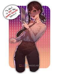  artist_name black_eyes black_hair black_necktie black_pants border bright_pupils chainsaw_man clenched_hand collared_shirt commentary cropped_legs english_commentary english_text eyelashes female gradient_background hair_ornament hairclip higashiyama_kobeni holding holding_knife inhoso instagram_logo kitchen_knife knife long_sleeves looking_at_viewer medium_hair meme mole mole_under_eye mole_under_mouth multiple_moles necktie nervous nervous_sweating open_mouth outside_border pants patreon_logo polka_dot polka_dot_background red_lips shade shirt shirt_tucked_in short_ponytail side_ponytail sloppy_blowjob_devil_(meme) solo speech_bubble sweat teeth twitter_logo white_border white_pupils white_shirt 