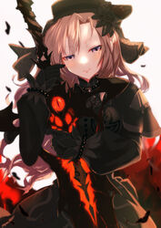  ascot black_capelet black_dress black_flower black_gloves black_hat black_rose blush breasts capelet dress fate/grand_order fate_(series) female flower gloves grey_eyes hat highres kriemhild_(fate) kriemhild_(first_ascension)_(fate) large_breasts long_hair long_sleeves looking_at_viewer mole mole_under_eye okina_(805197) rose smile solo sword veil weapon white_hair 