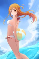  absurdres asuna_(sao) ball bare_arms bare_legs beachball bikini blue_sky braid breasts brown_eyes brown_hair chisaku closed_mouth commentary day female floating_hair french_braid hair_between_eyes halterneck highres holding holding_ball long_hair looking_at_viewer medium_breasts outdoors red_ribbon ribbon side-tie_bikini_bottom sideboob sky smile solo summer swimsuit sword_art_online wading white_bikini 