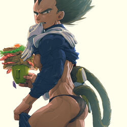  1boy ass bara bare_back bare_pectorals black_male_underwear briefs clothes_lift commentary_request cup dragon_ball dragon_ball_z feet_out_of_frame food frown glove_in_mouth gloves highres holding holding_cup looking_at_viewer looking_to_the_side male_focus male_underwear monkey_tail mouth_hold mug muscular muscular_male nipples no_pants pectorals receding_hairline saiyan_armor sandwich shirt_lift short_hair sideburns solo spiked_hair supobi tail thick_eyebrows thick_thighs thighs underpec underwear undressing unworn_armor vegeta 