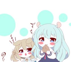  2girls :d ^^^ absurdres animal_ears azur_lane biting blue_dress blue_eyes blue_hair blue_shirt blush brown_hair chibi closed_mouth commentary_request dog_ears dress hair_between_eyes hair_rings highres holding kindergarten_uniform kurukurumagical long_hair long_sleeves mikazuki_(azur_lane) multiple_girls nagatsuki_(azur_lane) neck_ribbon off_shoulder open_mouth puffy_long_sleeves puffy_sleeves purple_eyes ribbon ribbon-trimmed_sleeves ribbon_trim sailor_collar shirt sleeves_past_wrists smile translated upper_body v-shaped_eyebrows very_long_hair white_background white_sailor_collar white_shirt yellow_ribbon 