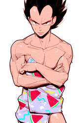  1boy bara commentary_request cowboy_shot crossed_arms dragon_ball dragon_ball_z food food_print fruit highres looking_at_viewer male_focus muscular muscular_male naked_towel nervous_sweating pectorals receding_hairline short_hair sideburns solo spiked_hair stomach supobi sweat thick_eyebrows towel vegeta watermelon watermelon_print watermelon_slice 