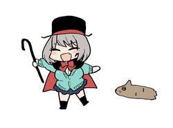  ^_^ azu_(azu401) bad_id bad_twitter_id blue_skirt bow bowtie cane cape chibi closed_eyes female hat highres holding holding_cane red_bow red_bowtie skirt solo standing tejina_senpai tejina_senpai_(series) top_hat white_background white_hair 