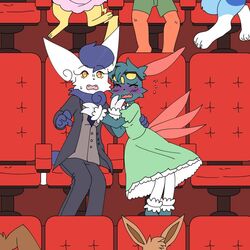  1:1 anthro anthrofied blue_body blue_fur blush bodily_fluids bottomwear brown_body brown_fur closed_eyes clothed clothing dress eevee eyewear female female/female fur generation_1_pokemon generation_2_pokemon generation_6_pokemon glasses group holding_each_other jacket jaki-kun_(character) kipaki meowstic necktie nintendo orange_body orange_skin pants pikachu pokemon pokemon_(species) pokemorph red_body red_fur scared shirt shorts sitting sneasel sweat sweatdrop teary_eyes theater topwear white_body white_fur yellow_body yellow_eyes yellow_fur 