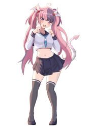  absurdres ahoge black_footwear black_thighhighs blue_skirt blush breasts crop_top demon_horns demon_tail female hair_ornament heart heart_ahoge heart_hair_ornament highres horns ironmouse large_breasts long_hair maibinillust multicolored_hair navel open_mouth pink_eyes pink_hair purple_hair shirt shoes skirt streaked_hair tail thighhighs twintails virtual_youtuber vshojo white_shirt 