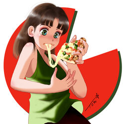  blush brown_hair cheese cheese_trail chutohampa eating female food food_on_face green_eyes green_tank_top highres holding holding_food holding_pizza long_hair original pizza pizza_slice signature solo tank_top upper_body 