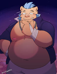  2021 absurd_res anthro belly blue_hair clothed clothing detailed_background ganglie_(tas) hair hi_res humanoid_hands kemono lifewonders male mammal moobs night nipples open_clothing open_shirt open_topwear overweight overweight_anthro overweight_male shirt solo star suid suina sus_(pig) tokyo_afterschool_summoners topwear whitebeast20 wild_boar 