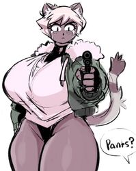  anthro blonde_hair brown_body brown_fur clothing colored digital_media_(artwork) domestic_cat felid feline felis female fingerless_gloves fur gloves gun hair handgun handwear jacket legwear mammal markings newtype_hero paula_(newtype_hero) pistol ranged_weapon shirt short_hair solo stout_(disambiguation) t-shirt tail tail_markings thick_thighs topwear weapon 