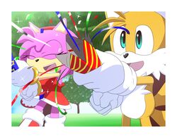  amy_rose anthro blue_eyes boots border canid canine clothing dress duo eulipotyphlan female footwear fox fur gloves handwear hedgehog hi_res kalk427 male mammal open_mouth open_smile outside party party_popper pink_body pink_fur sega smile sonic_the_hedgehog_(series) tails white_body white_border white_fur yellow_body yellow_fur 