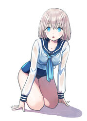  absurdres aqua_eyes aqua_neckwear blue_sailor_collar bolbbangbbang collarbone ear earrings eyebrows_visible_through_hair female highres idolmaster idolmaster_shiny_colors jewelry kneeling leaning_forward light_brown_hair long_sleeves pantyhose sailor_collar school_swimsuit see-through_sleeves serizawa_asahi shadow simple_background swimsuit 