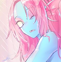  animal_humanoid blue_body blue_skin blush female fish fish_humanoid hair hair_over_eye hi_res humanoid looking_at_viewer marine marine_humanoid noaharbre one_eye_closed one_eye_obstructed open_mouth red_hair shower solo tile tile_wall undertale undertale_(series) undyne wall_(structure) water_drop 