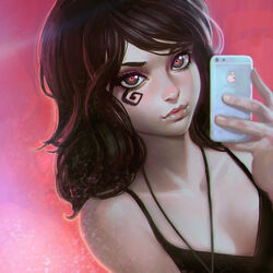  black_eyes black_hair commentary death_of_the_endless english_commentary female holding holding_phone ilya_kuvshinov lips long_hair looking_at_viewer phone pink_background pink_eyes solo spiral the_sandman_(dc) upper_body 