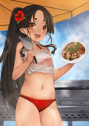  black_hair brown_eyes cowboy_shot day female flower food griddle hair_flower hair_ornament high_ponytail holding holding_plate kantai_collection long_hair navel nisshin_(kancolle) okonomiyaki open_mouth photoshop_(medium) plate red_flower short_eyebrows sidelocks smile solo sparkle teeth thick_eyebrows toka_(marchlizard) upper_teeth_only very_long_hair 