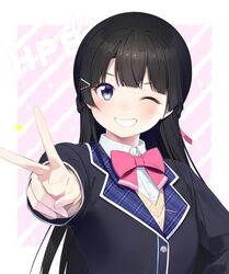  black_hair black_jacket blazer blue_eyes blunt_bangs blush bow bowtie commentary female grin hair_ornament hairclip happy_birthday highres jacket long_hair long_sleeves looking_at_viewer nezumidoshi nijisanji one_eye_closed pink_background pink_bow pink_bowtie school_uniform simple_background smile solo striped striped_background tsukino_mito tsukino_mito_(1st_costume) upper_body v virtual_youtuber 