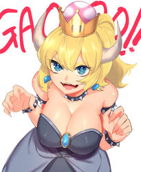  absurdres armlet bare_shoulders black_collar black_dress blonde_hair blue_eyes bowsette bracelet breasts claw_pose cleavage collar commentary_request crown dress earrings fangs female fingernails gao hair_between_eyes hands_up heart high_ponytail highres hisakawa_haru horns jewelry large_breasts leaning_forward long_hair mario_(series) new_super_mario_bros._u_deluxe open_mouth partial_commentary ponytail sharp_fingernails simple_background smile solo sound_effects spiked_armlet spiked_bracelet spiked_collar spikes strapless strapless_dress super_crown upper_body v-shaped_eyebrows white_background 