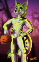  5:8 5_fingers absurd_res anthro biped black_nose blakefox blurred_background bone bucket candy canid canine chest_tuft container dessert digital_media_(artwork) eyebrows featureless_crotch fidget_the_fox fingers food forest forest_background fox fruit fur glowing glowing_markings green_body green_eyes green_fur hair halloween hand_on_hip hi_res holidays jack-o&#039;-lantern male mammal markings nature nature_background plant signature simple_background skeleton skeleton_(marking) smile solo tree tuft white_body white_fur 