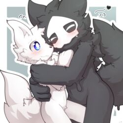  1:1 anthro biped black_body black_fur blue_eyes blush canid canine canis changed_(video_game) daww duo featureless_crotch fur goo_creature heart_symbol hi_res hug lin_(changed) male male/male mammal mask nude popkage puro_(changed) white_body white_fur wolf 