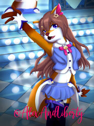  absurd_res alexandliberty alternative_fashion anthro blue_bottomwear blue_clothing blue_eyes blue_skirt bottomwear brown_hair canid canine clothing concert female fox fur hair hi_res hololive j-fashion japanese_idol legwear lights mammal multicolored_body multicolored_fur orange_body orange_fur shirt skirt solo stage_lights stockings tokino_sora topknot topwear vtuber white_body white_clothing white_fur white_shirt white_topwear 