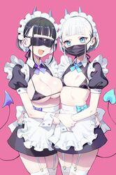  2girls apron arm_around_waist bikini bikini_under_clothes black_bikini black_hair black_skirt blindfold blue_eyes blue_nails blunt_bangs breasts cleavage colored_inner_hair commentary_request covered_eyes cowboy_shot demon_girl demon_tail ear_piercing earrings fanged_bangs frilled_apron frills garter_straps heart heart_earrings high-waist_skirt highres holding_another&#039;s_wrist horns jewelry kunikune large_breasts looking_at_viewer maid maid_headdress mask miniskirt mole mole_under_eye mole_under_mouth mouth_mask multicolored_hair multiple_girls open_mouth original piercing pink_background puffy_short_sleeves puffy_sleeves purple_nails short_hair short_sleeves shrug_(clothing) simple_background skirt small_breasts smile swimsuit tail thighhighs two-tone_hair unconventional_maid white_apron white_hair white_thighhighs wrist_cuffs zettai_ryouiki 