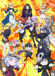  1boy 6+girls absurdres ahoge alcohol armor armored_dress artoria_pendragon_(fate) baseball_cap black_dress black_pantyhose black_skirt black_thighhighs blonde_hair blue_eyes boots breasts brown_hair buruma carrot chaldea_uniform confetti corn_dog cosplay cup dress drinking_glass fangs fate/grand_carnival fate/grand_order fate_(series) fou_(fate) fujimaru_ritsuka_(female) gauntlets gilgamesh_(caster)_(fate) gilgamesh_(fate) glasses green_eyes gym_uniform hair_ornament hair_over_one_eye hair_scrunchie hat highres horns instrument jacket jeanne_d&#039;arc_alter_(avenger)_(fate) jeanne_d&#039;arc_alter_(fate) key_visual large_breasts leonardo_da_vinci_(fate) light_purple_hair long_sleeves looking_at_viewer maracas mash_kyrielight mask multiple_girls mysterious_neko_v mysterious_neko_w mysterious_neko_x mysterious_neko_y necktie neco_spirit nero_claudius_(fate) nero_claudius_(olympian_bloomers)_(fate) official_alternate_costume official_art open_mouth orange_eyes orange_hair pantyhose pleated_skirt promotional_art purple_eyes red_eyes scar scar_on_face scarf scrunchie shinai short_hair side_ponytail single_horn skirt skull_mask smile sword tail teeth thighhighs upper_teeth_only weapon white_footwear wine wine_glass yellow_eyes zettai_ryouiki 