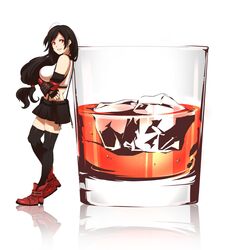  absurdres alcohol asymmetrical_bangs bartender black_hair black_thighhighs breasts crop_top crossed_arms earrings elbow_pads female final_fantasy final_fantasy_vii final_fantasy_vii_remake fingerless_gloves full_body glass gloves highres ice ice_cube jewelry large_breasts liquor long_hair low-tied_long_hair midriff mogu_(kuromezennkainopokke) parted_lips red_eyes reflective_floor shirt skirt smile solo sports_bra suspender_skirt suspenders thighhighs tifa_lockhart white_background white_shirt 