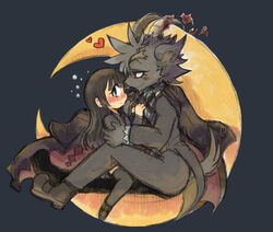  anthro black_eyes blush bovid caprine clothed clothing coat demon duo eye_contact female female_protagonist_(tas) fully_clothed fur goat grey_background grey_body grey_fur heart_symbol human larger_anthro larger_male lifewonders looking_at_another looking_away male male/female mammal mephistopheles_(tas) moon pink_nose protagonist_(tas) red_eyes shiina_takuto simple_background size_difference smaller_female smaller_human smile smoke tokyo_afterschool_summoners topwear 